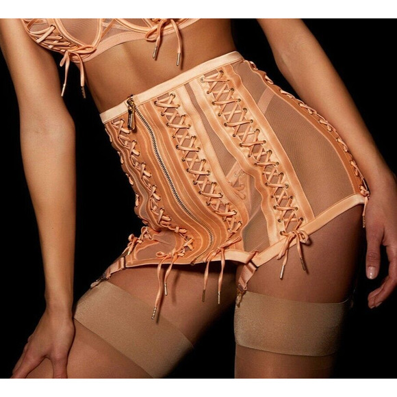 RARE🔥 Honey Birdette SHANNON🍑 Lace Up Peach Orange Waspie Small - Picture 1 of 5